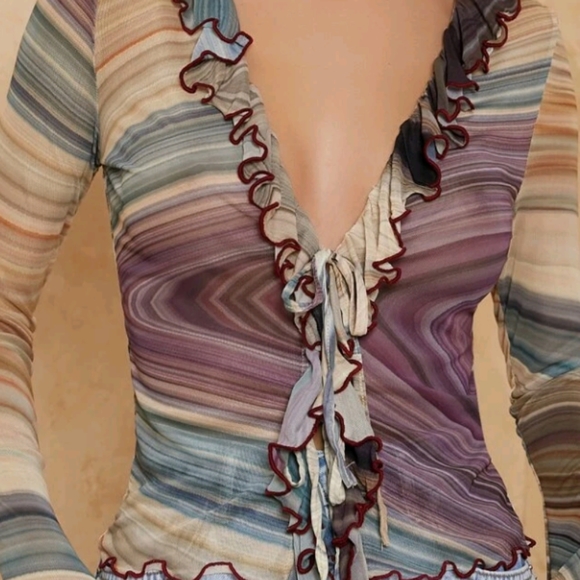 Marble Print Ruffle Trim Blouse Top - Picture 6 of 11